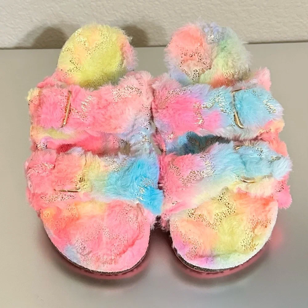 Cozy Pastel Rainbow Fuzzy Double-Strap Slip-On Slides Soft Plush Sandals Sz 4–5